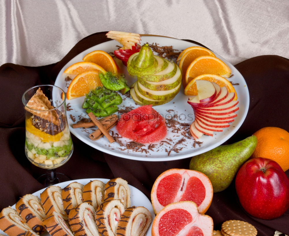 Similar – Image, Stock Photo Coffee or tea and tropical fruit plat on white bed