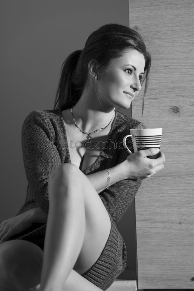 Similar – Image, Stock Photo Beautiful model with cup of coffee and smartphone