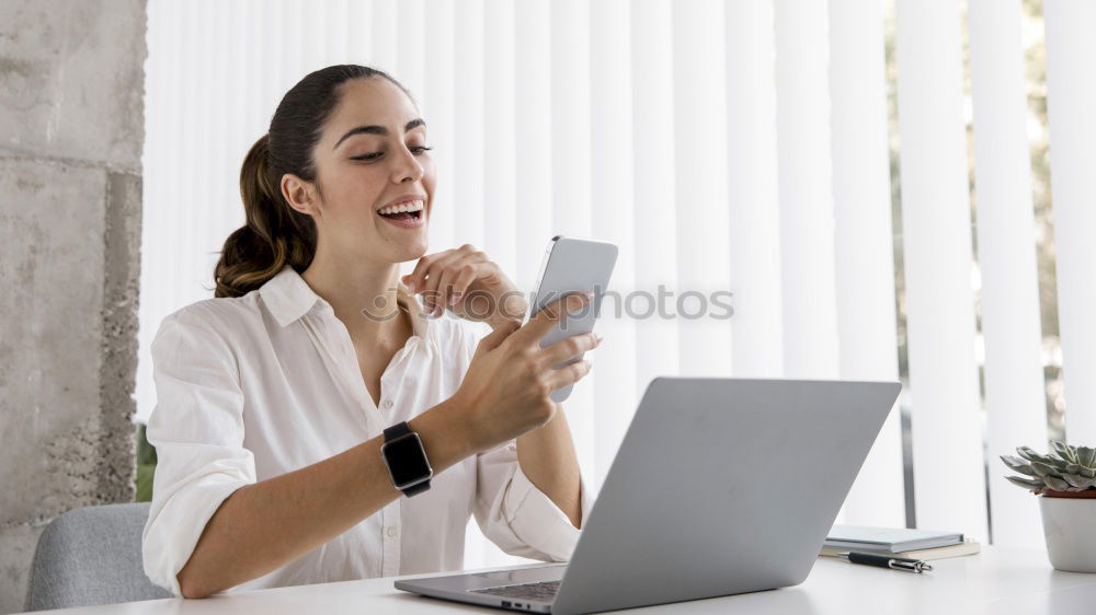 Similar – Image, Stock Photo brunette woman is using her computer while having a coffee