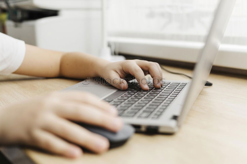 Similar – Image, Stock Photo Working with laptop, in office or at home, hands, fingers on keyboard, coffee cup