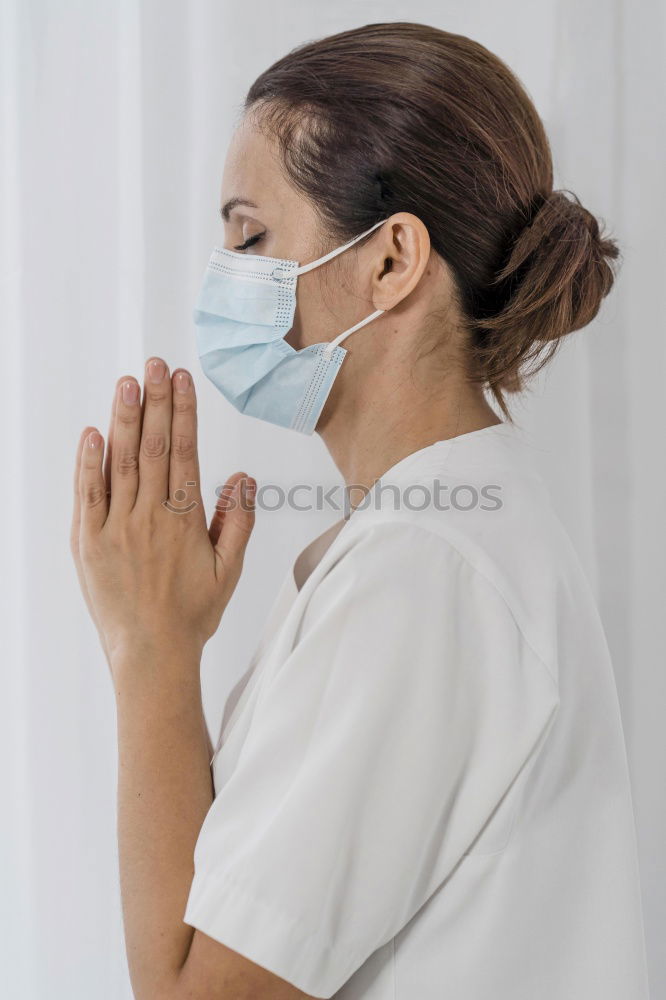 Similar – Image, Stock Photo Portrait of caucasian sporty woman wearing medical protection face mask while walking in park, relaxing and listening to music. Corona virus, or Covid-19, is spreading all over the world