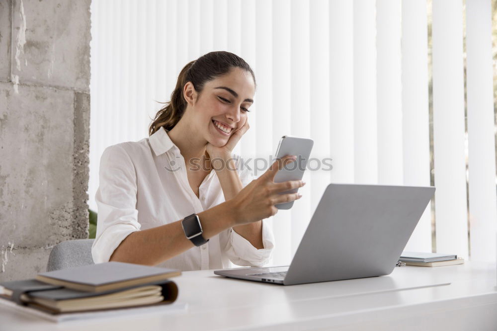 Similar – Image, Stock Photo brunette woman is using her computer while having a coffee