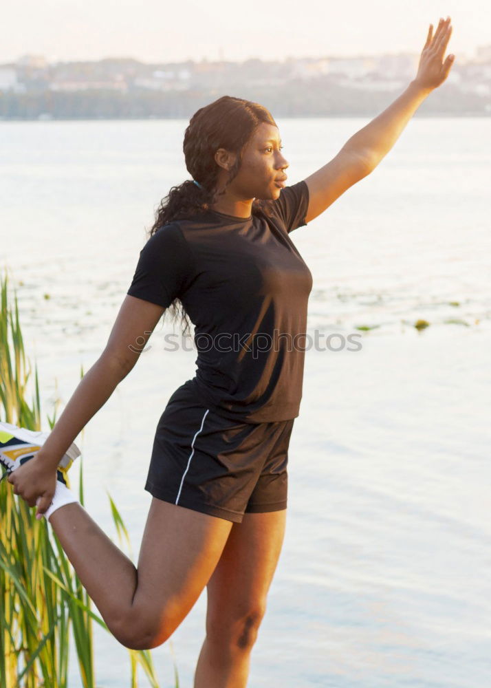 Image, Stock Photo Beautiful young woman wearing a bikini in a wooden foot bridge at the beach