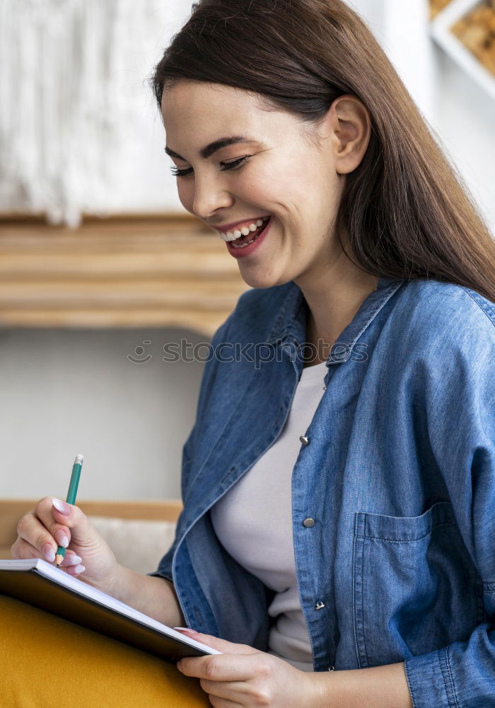 Similar – Image, Stock Photo Pretty woman writing at table