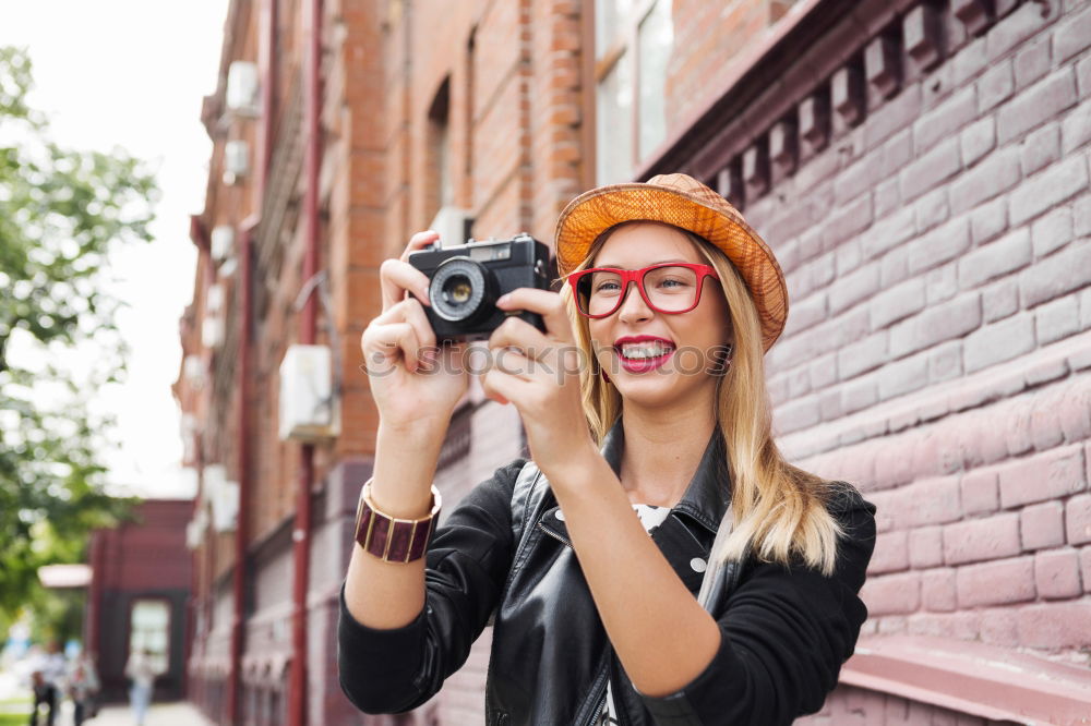 Similar – Image, Stock Photo Laughing woman posing at street