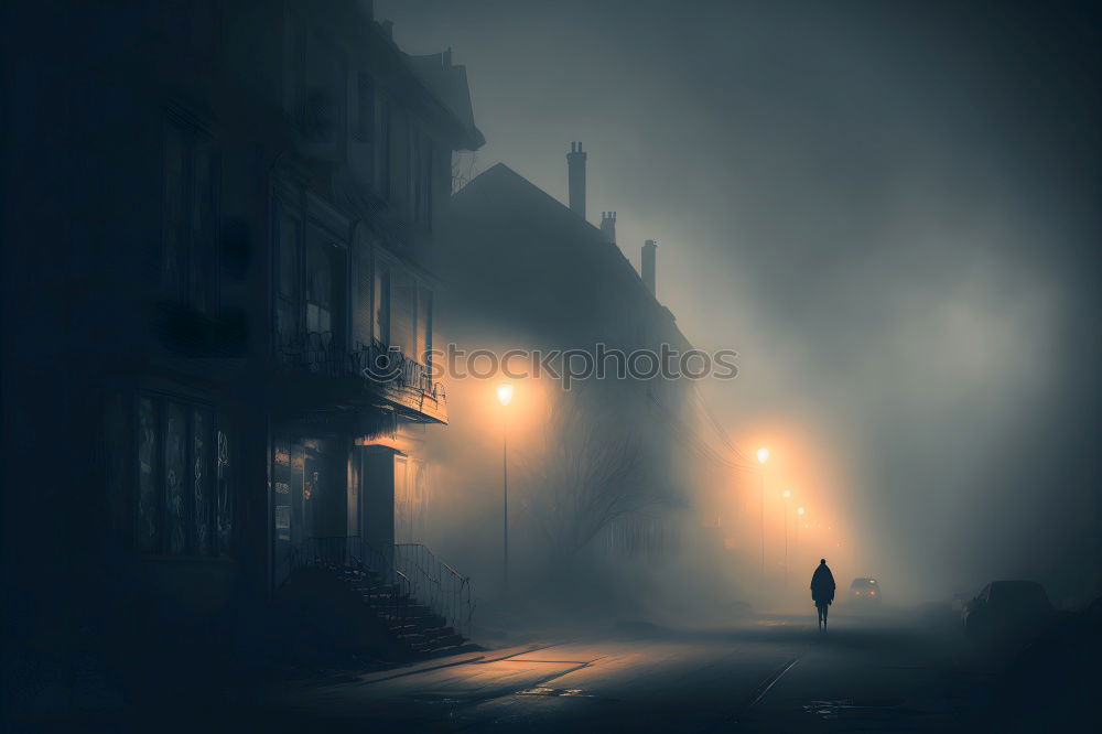 Similar – Man with dog is walking on a path in dense fog