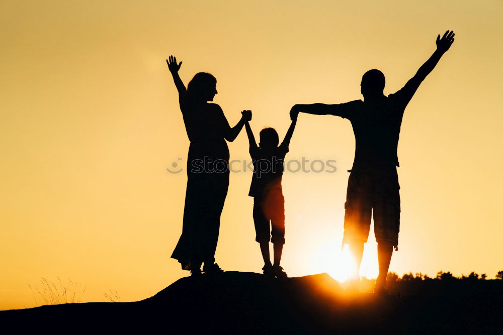 Similar – Image, Stock Photo Happy family standing in the park at the sunset time.