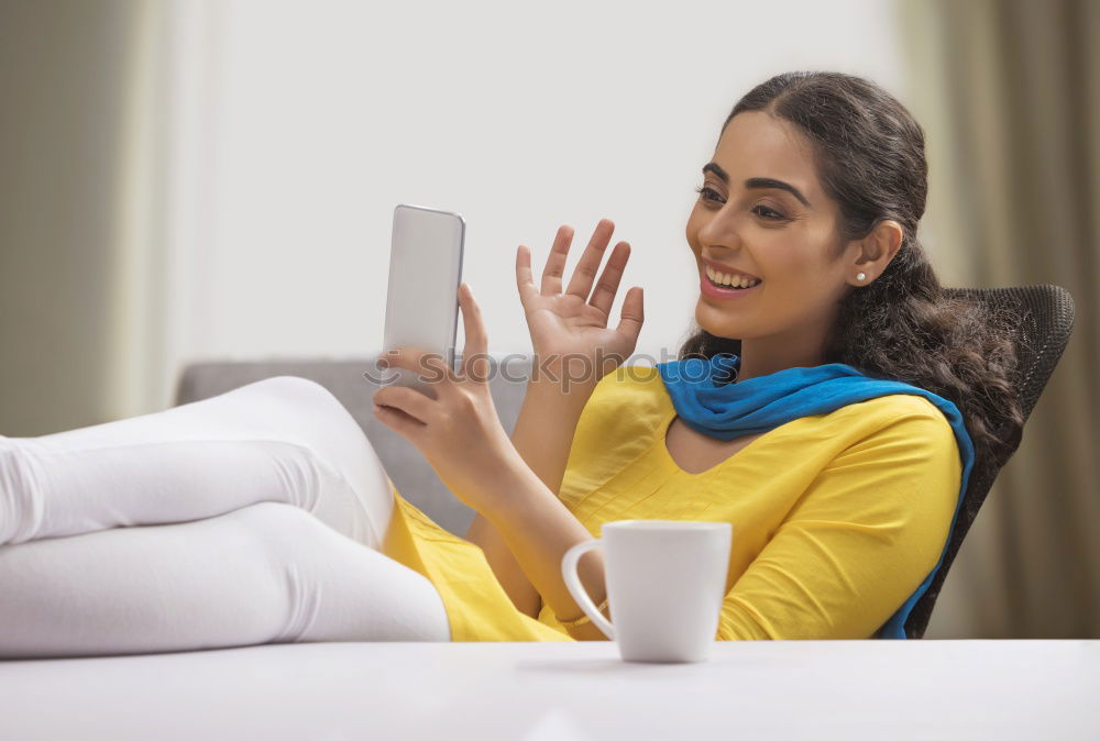 Image, Stock Photo Dreamy woman with cup