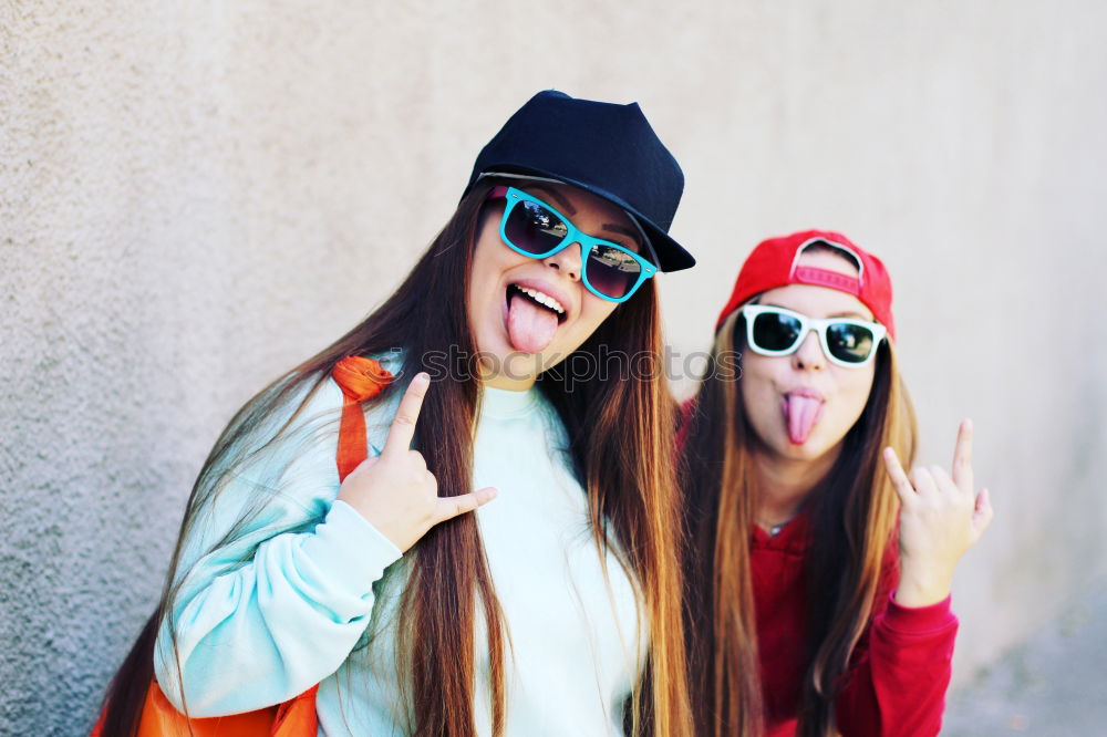 Similar – Image, Stock Photo Young adult hipster girlfriends taking selfie and pulling faces