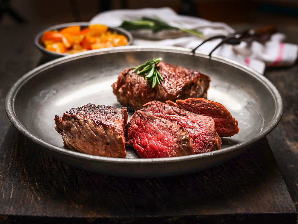 Similar – Image, Stock Photo Medium roasted meat steak and salsa sauce