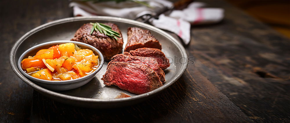 Image, Stock Photo Medium roasted meat steak and salsa sauce