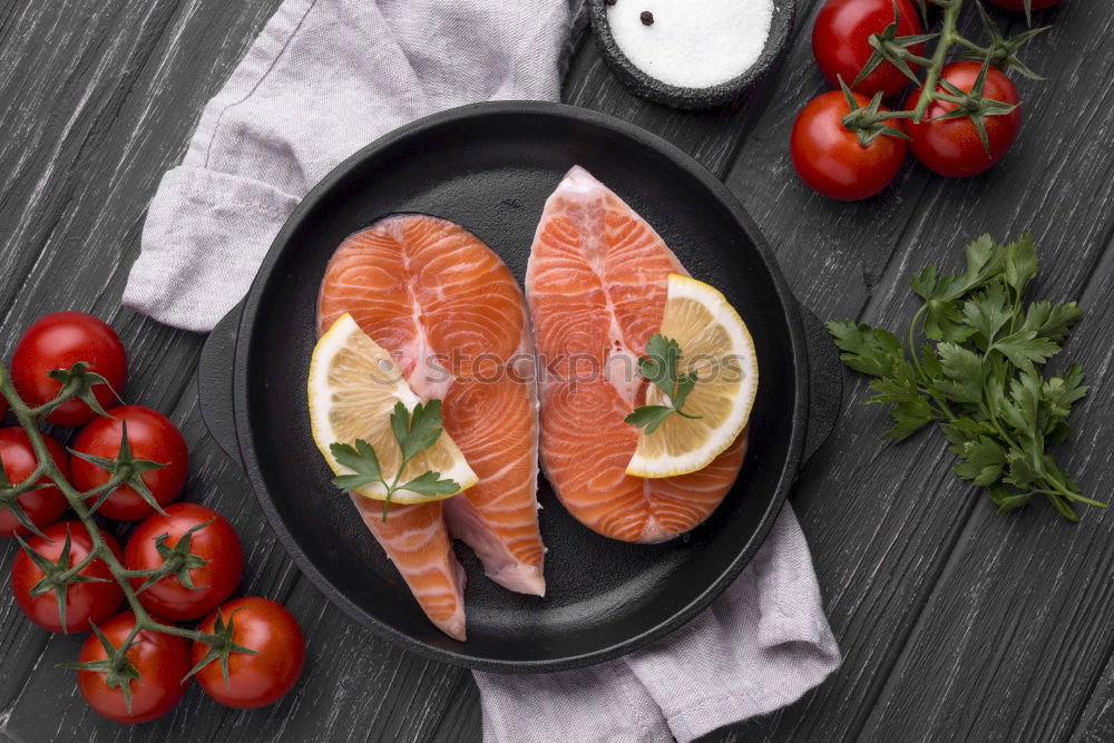 Similar – Salmon fish fillet with lemon in bowl