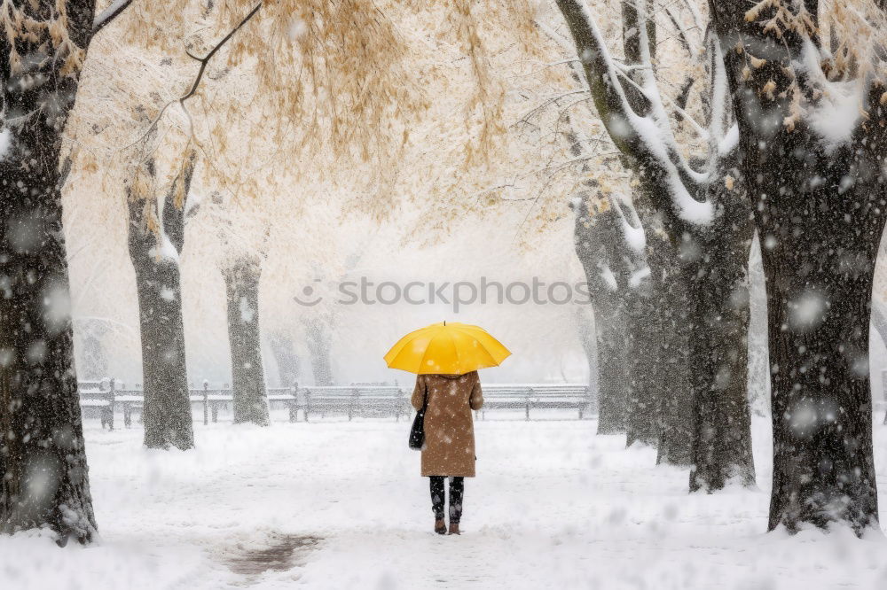 Old man with walking stick walks across snowy street