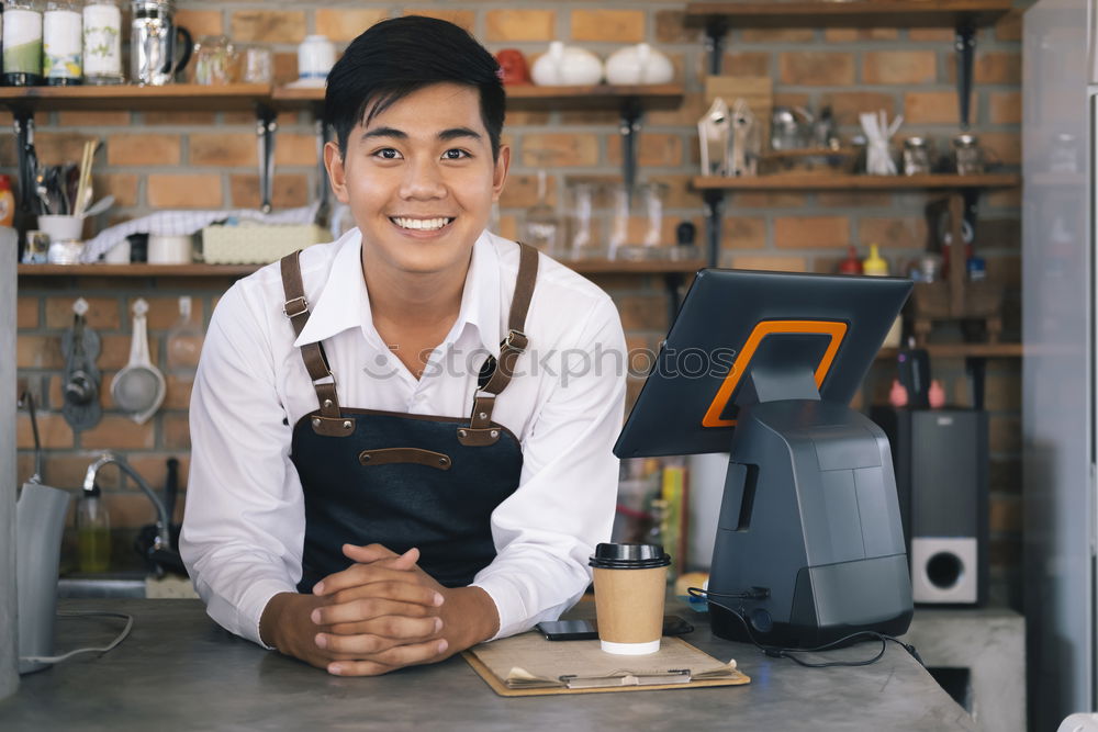 Similar – Image, Stock Photo smiling Barista girl in a coffee shop