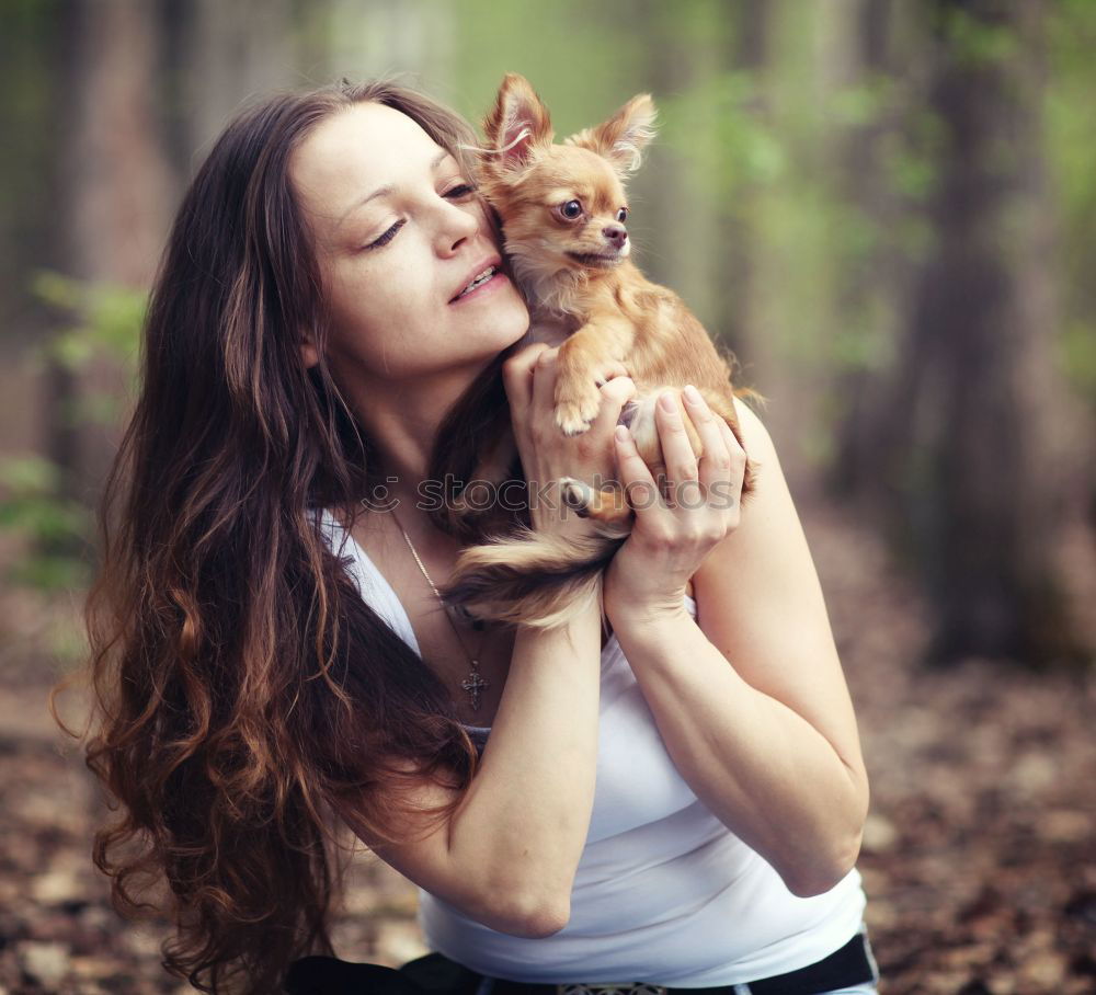 Similar – Image, Stock Photo analog medium format photo: young blond Labrador in forest with tall dark haired woman with wild curls smiling at camera