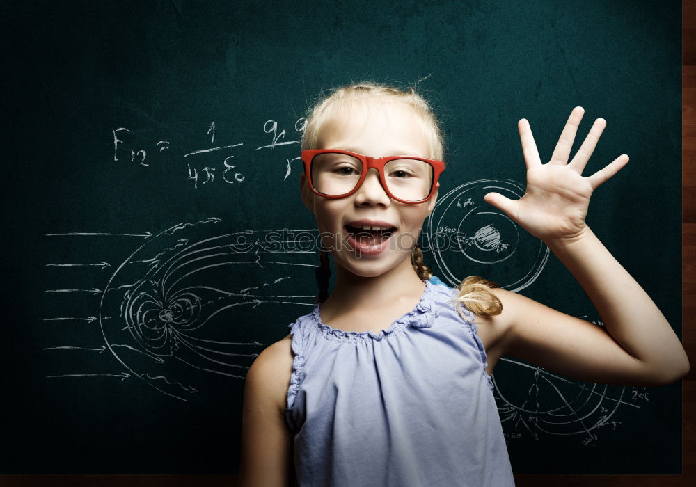 Image, Stock Photo Pupil at chalkboard with briefcase in hand