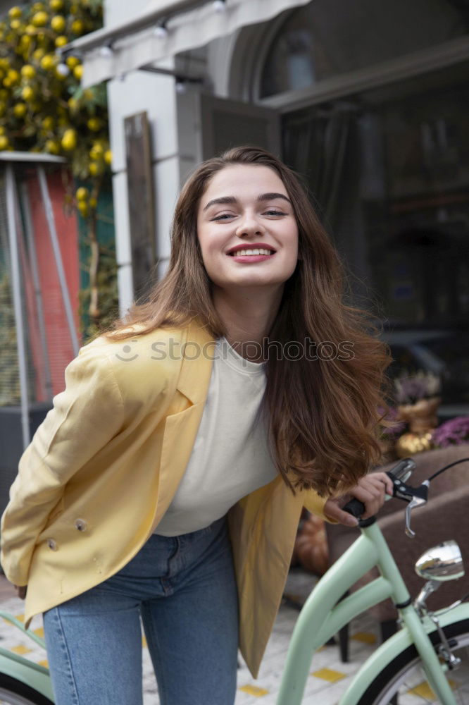 Similar – Image, Stock Photo Teenager girl in jeans with yellow backpack and bike standing on metro station, waiting for train, smiling, laughing. Orange train passing by behind the girl. Futuristic subway station. Finland, Espoo