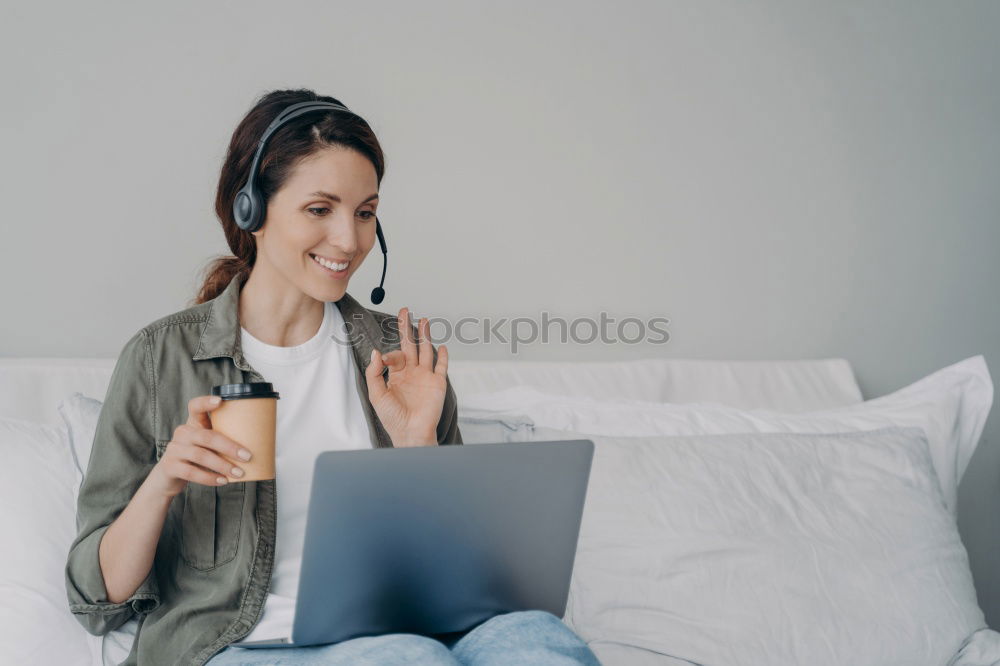 Similar – Image, Stock Photo beautiful black woman on bed with laptop and cup of coffee