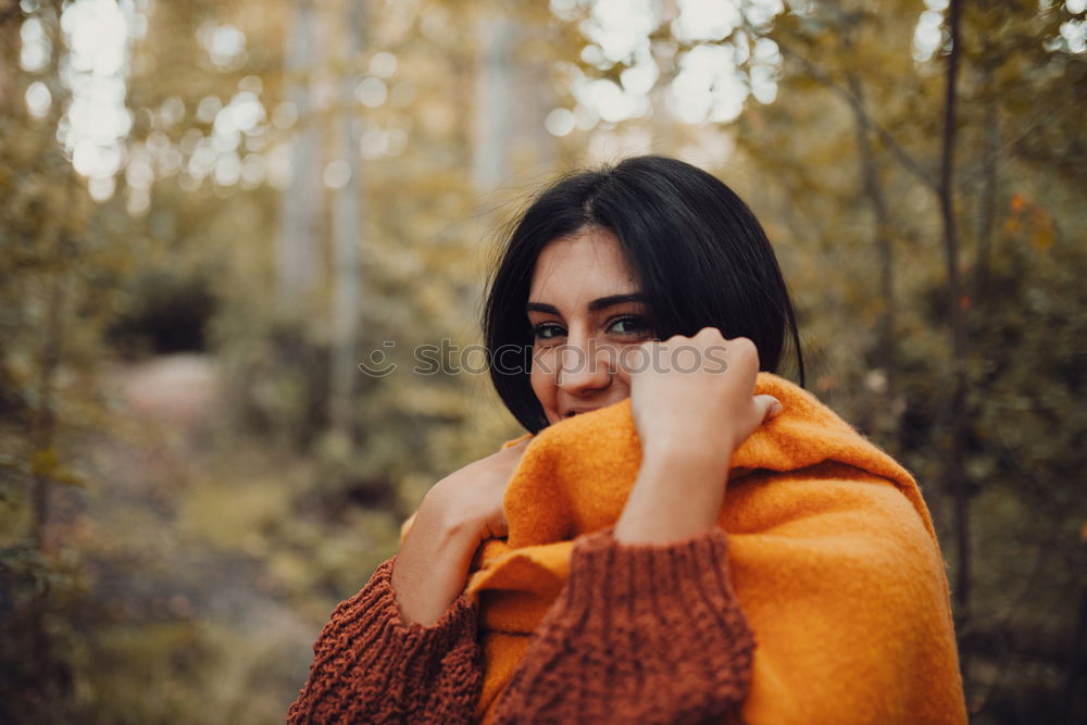 Image, Stock Photo Cute brunette girl standing in park, wearing coat and scarf