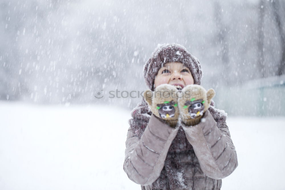 Similar – Image, Stock Photo Little girl enjoying winter walking through deep snow. Toddler is playing outdoors while snow falling. Child is wearing dark blue snowsuit and wool cap