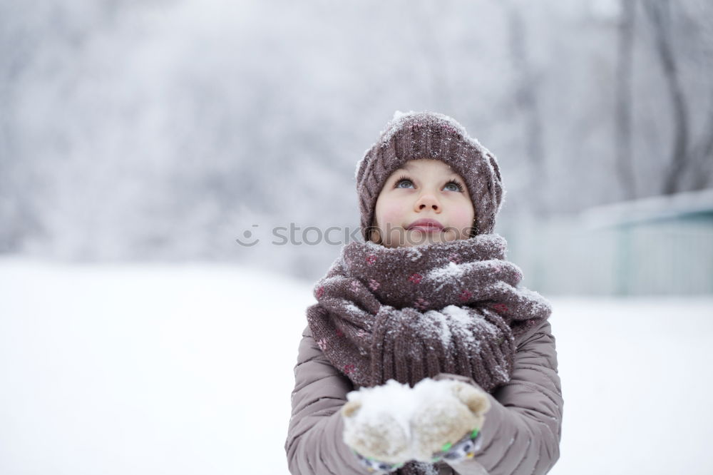 Similar – Little boy having fun playing with fresh snow during snowfall. Baby catching snowflakes on gloves. Kid dressed in warm clothes, hat, hand gloves and scarf. Active winter outdoors leisure for child