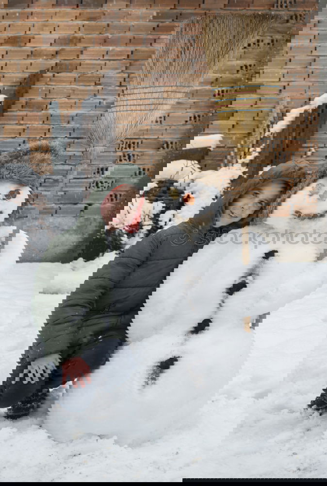 Image, Stock Photo Snowman and child in the yard