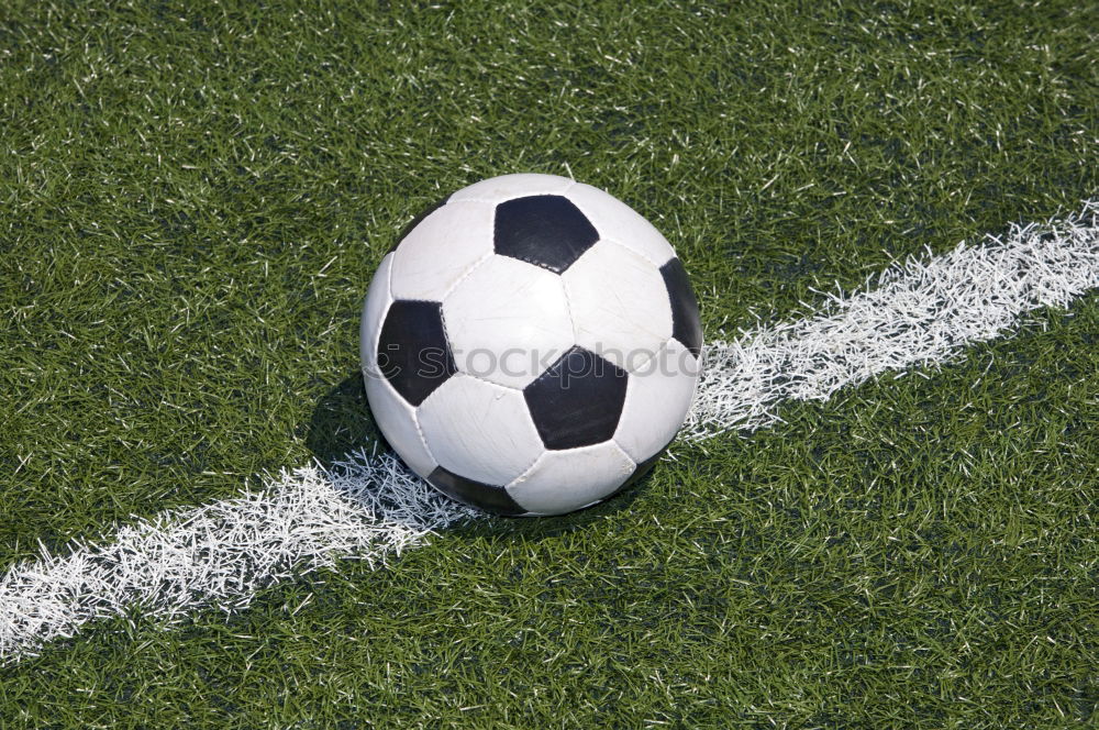 Vintage soccer ball on green grass over the white line