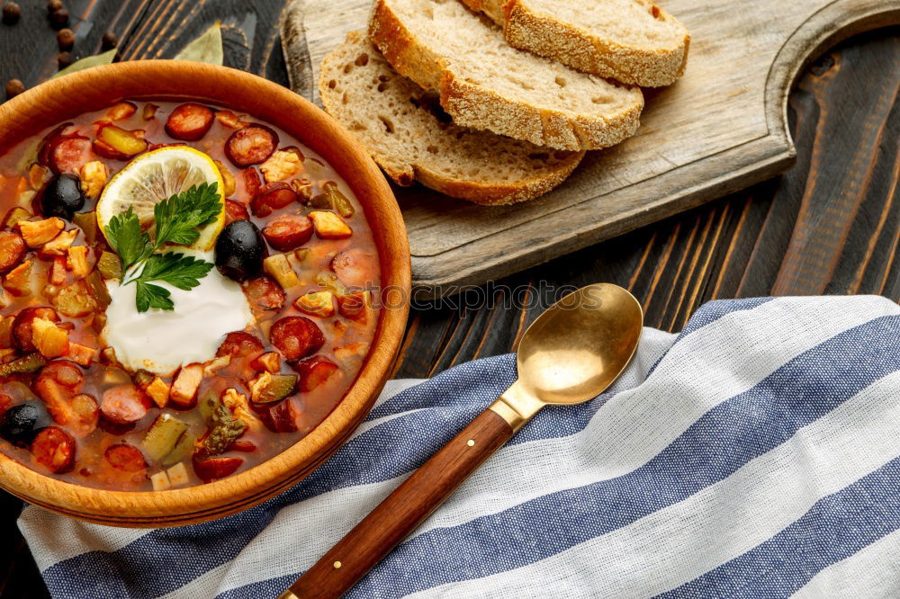 Similar – Image, Stock Photo Chili Beans Stew, Bread, Red Chili Pepper And Garlic