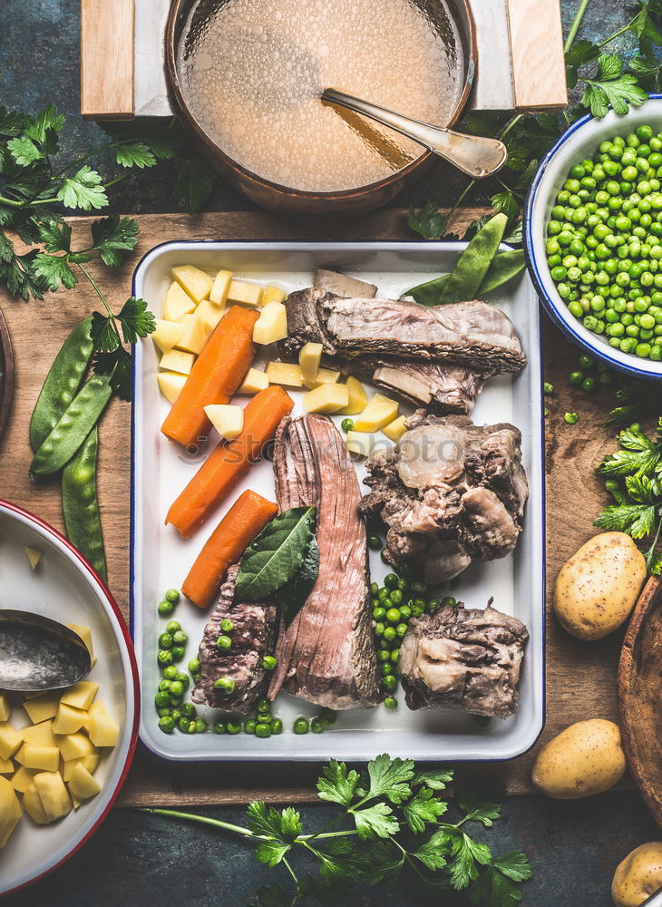 Image, Stock Photo Potato soup with meat and green peas