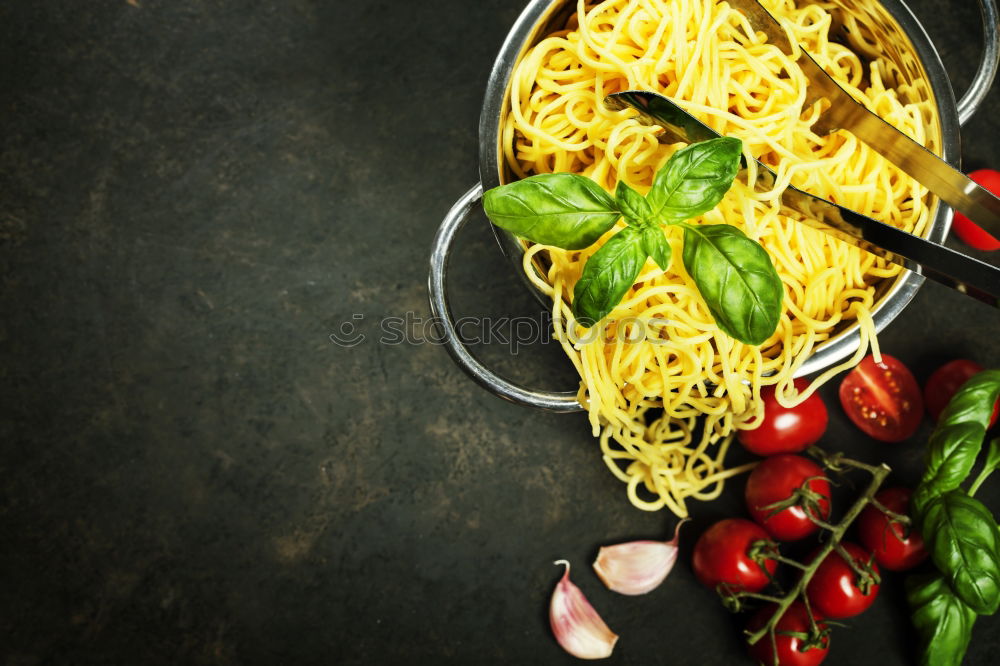 Image, Stock Photo Spaghetti pasta with tomato sauce, basil and cheese