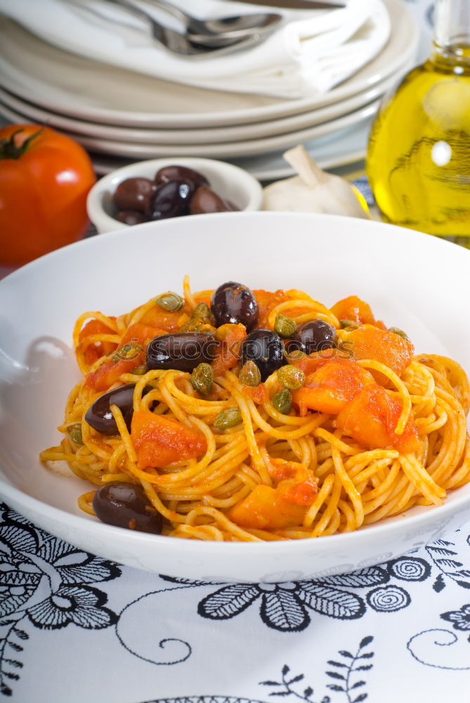 Similar – Image, Stock Photo Spaghetti with tomato sauce olives and capers