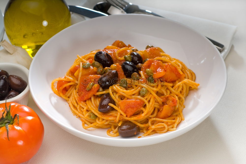 Similar – Image, Stock Photo Spaghetti with tomato sauce olives and capers