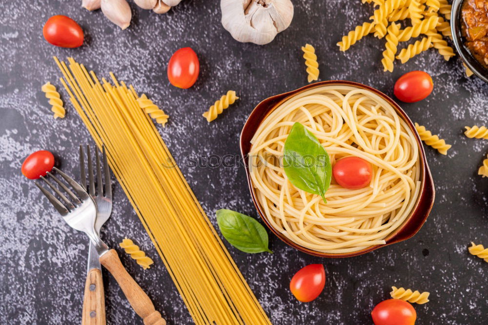 Similar – Image, Stock Photo Spaghetti pasta with tomato sauce, basil and cheese