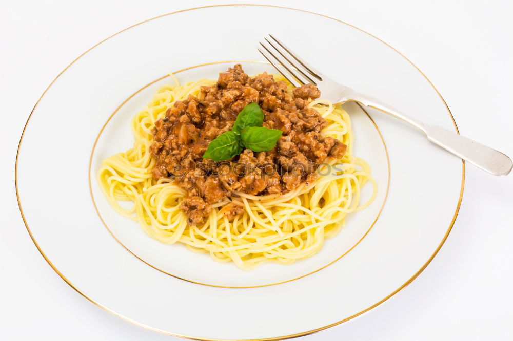 Spaghetti Bolognese in plate with fork