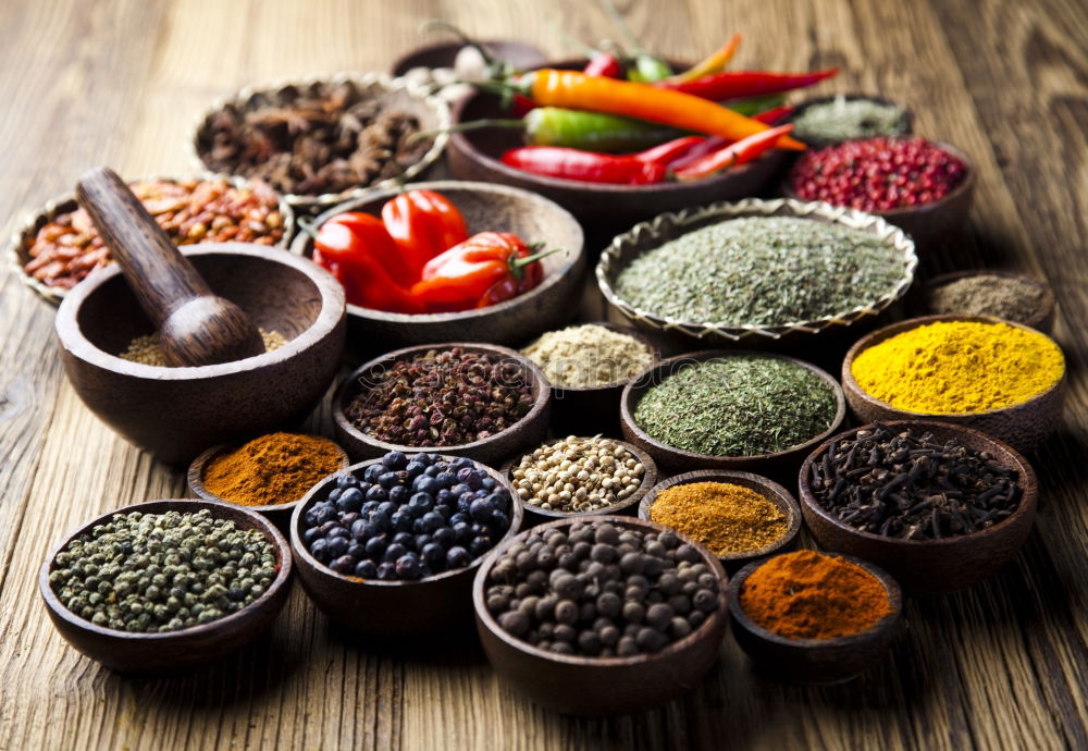 Set of various spices on table