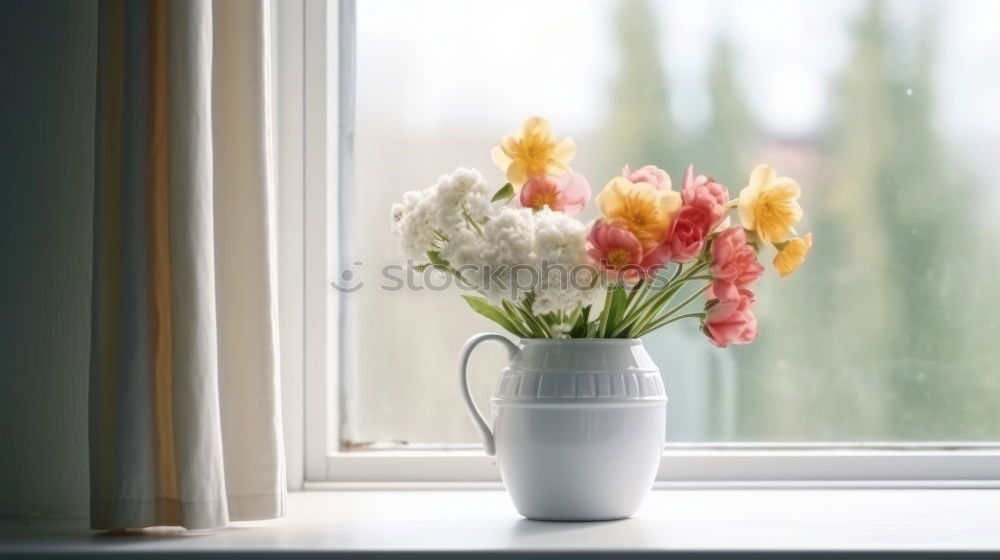 Similar – Terracotta flowerpot with geraniums at the window