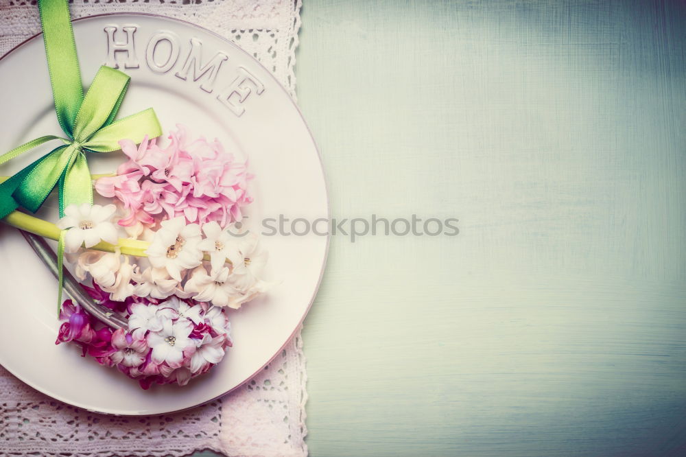 Image, Stock Photo Spring Table Decoration with Plate, Cutlery and Hyacinths