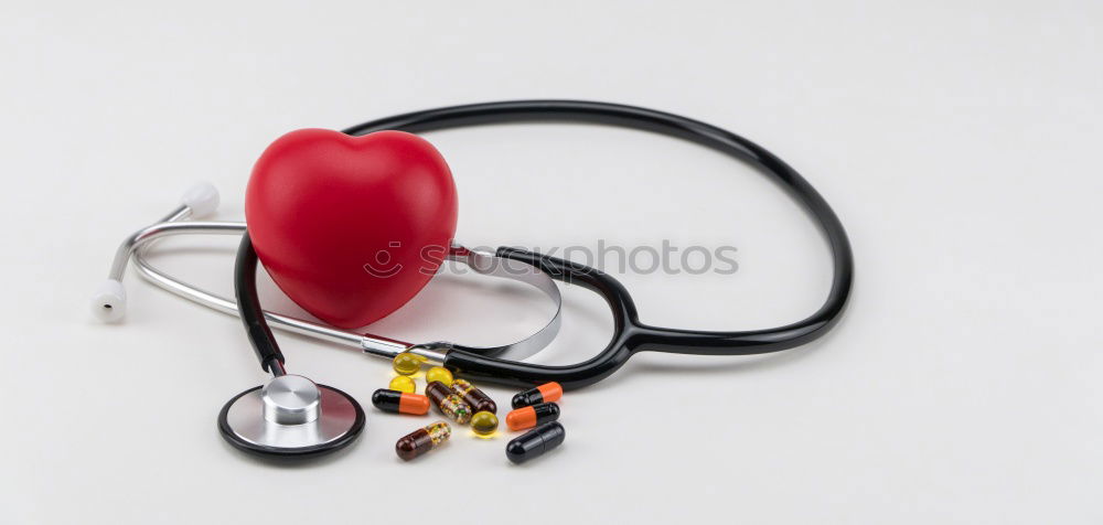 Image, Stock Photo red stethoscope, pills, medical bottles and empty clipboard