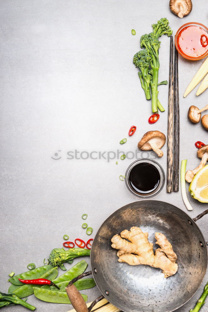 Image, Stock Photo Ingredients for Asian cuisine. Wok and sticks