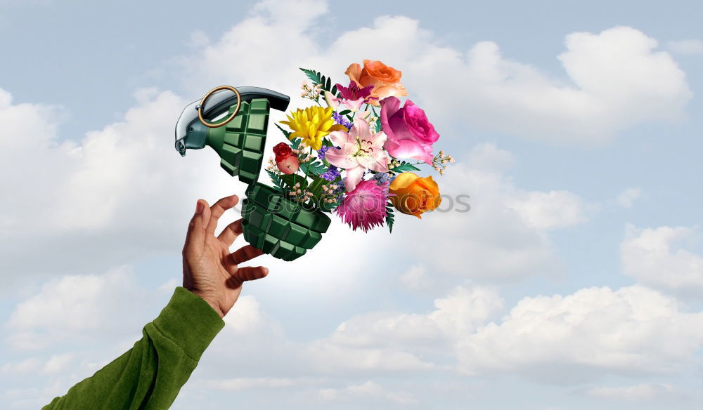 Image, Stock Photo Woman hand with bouquet of flowers over blue sky