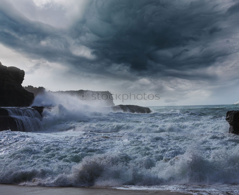 Similar – Image, Stock Photo Foaming surf on rocky coast, blue sky, clouds and high mountains in the background, Queensland / Australia . ,Lookout