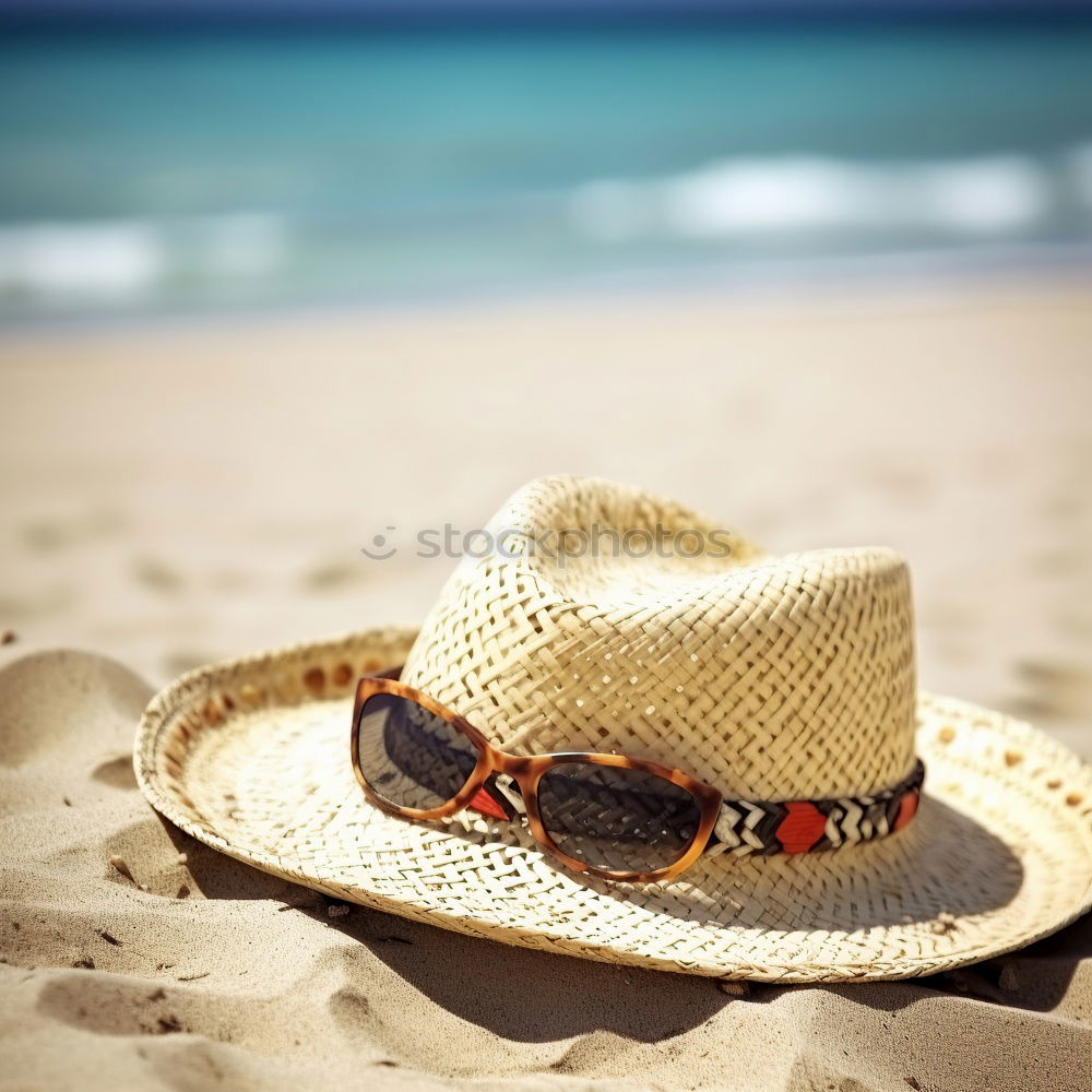 Similar – Image, Stock Photo Several beach accessories, bag, hat and color towel put on the sand close to the sea water