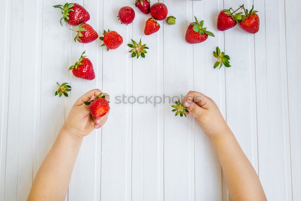 Similar – Image, Stock Photo Three small buckets of strawberry on old vintage wood