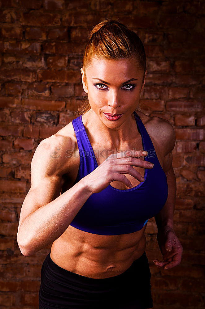 Similar – Image, Stock Photo Close up front portrait of one young athletic woman in sportswear in gym over dark background, standing in boxing stance with hands and fists, looking at camera