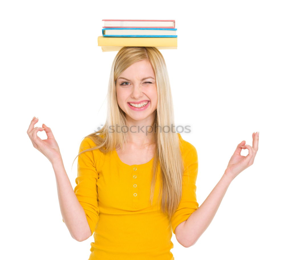 Similar – #A4# Knowledge and the woman in balance with her books