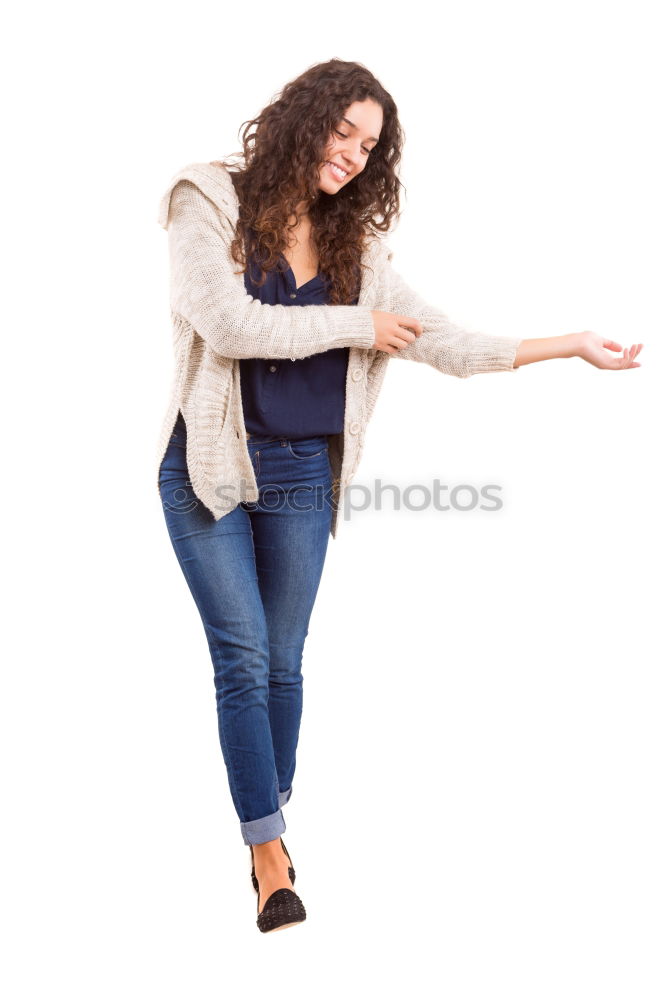 Similar – Image, Stock Photo Young, athletic, slender woman stands sideways in front of a white wall with her head bent forward so that her long brunette hair hangs down in front of her face