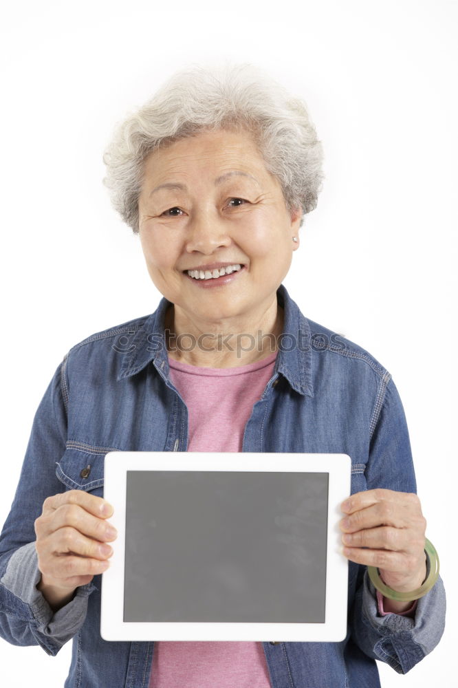 Similar – Image, Stock Photo Happy elderly woman on the mobile phone