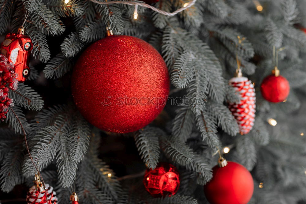 Similar – Image, Stock Photo Nostalgic, festive Christmas decoration with delicate fir branches, red bauble and ribbon. Red Christmas bauble hangs shiny on branches. Shiny Christmas bauble hangs from branches in old white nostalgic porcelain pot at home.