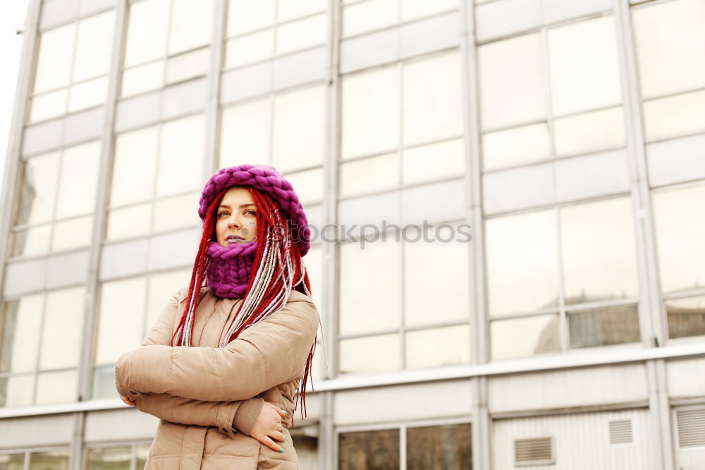 Similar – woman with pink hair at run-down housing estate