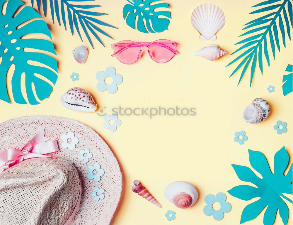 Similar – Summer woman accessories with shells and tropical leaves on pastel color background, top view. Straw hat, sunglasses, sandals and handbag. Holiday vacation. Female fashion outfit